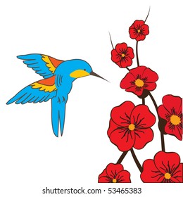 Humming bird and flowers. Vector illustration