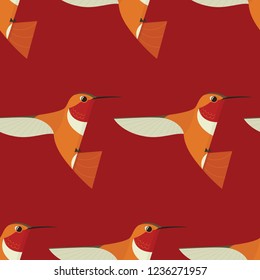 Humming bird icon Geometric cartoon flat Vector illustration Red background Seamless pattern