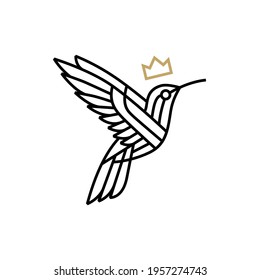 Humming Bird King Crown Monoline Outline Logo Vector Icon Illustration