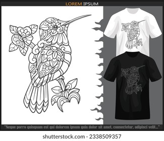Humming bird mandala arts isolated on black and white t shirt.