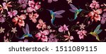 Humming bird and orchid exotic tropical flowers horizontal seamless pattern. Fashion template for clothes. Spring garden, floral art 