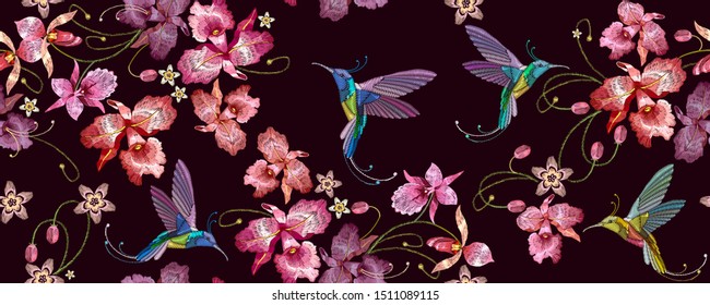 Humming bird and orchid exotic tropical flowers horizontal seamless pattern. Fashion template for clothes. Spring garden, floral art 