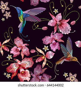 Humming bird and orchid exotic tropical flowers seamless pattern. Template for clothes, embroideries, t-shirt design. Beautiful classical embroidery, humming-bird, orchids flowers 