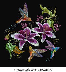 Humming bird and orchid exotic tropical flowers. Beautiful classical embroidery, humming-bird, orchids flowers. Template for clothes, embroideries, t-shirt design 