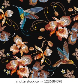 Humming bird and orchid exotic vintage tropical flowers seamless pattern. Template for clothes, embroideries, t-shirt design 