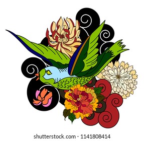 Humming bird with peony flower and chrysanthemum flower tattoo.Japanese Humming bird 