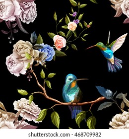 Humming bird, roses, carnation and peony with leaves on black. Watercolor. Seamless background pattern. Vector - stock.