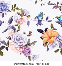 Humming bird, roses, carnation and peony with leaves on white. Watercolor. Seamless background pattern. Vector - stock.