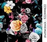 Humming bird, roses, peony with leaves on black background. Watercolor.  Seamless background pattern. Vector - stock