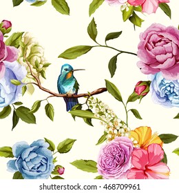 Humming bird, roses and peony with leaves on white. Watercolor. Seamless background pattern. Vector - stock.