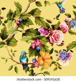 Humming bird, roses, peony with leaves on yellow. Watercolor. Seamless background pattern. Vector - stock.