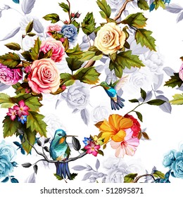 Humming bird, roses, peony with leaves on white. Watercolor. Seamless background pattern. Vector - stock.