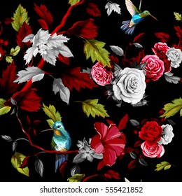 Humming bird, roses, peony with leaves on black. Stylized. Watercolor. Seamless background pattern. Vector - stock.