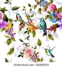 Humming bird, roses, peony with leaves on white. Watercolor. Seamless background pattern. Vector - stock.