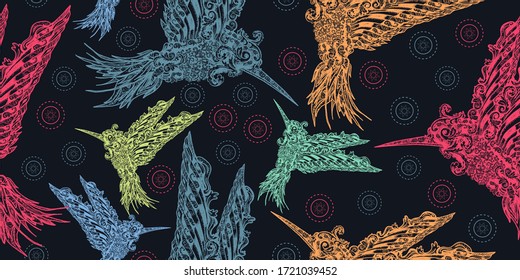 Humming bird. Seamless pattern. Packing old paper, scrapbooking style. Vintage background. Medieval manuscript, engraving art. Symbol of freedom, dream, travel, imagination