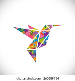 Humming bird symbol with colorful geometric graphic in triangle concept isolated white background, vector illustration