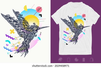 Humming bird. Symbol of freedom, dream, travel, imagination. Zine culture concept. Hand drawn vector glitch tattoo. T-shirt design. Creative print for clothes. Template for posters textiles, apparels