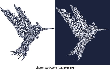 Humming Bird Tattoo And T-shirt Design. Symbol Of Freedom, Dream, Travel, Imagination. Black And White Vector Graphics