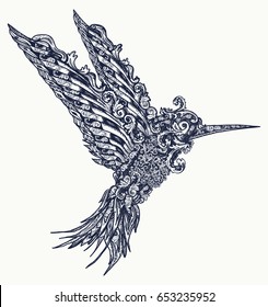 Humming bird tattoo and t-shirt design. Symbol of freedom, dream, travel, imagination 