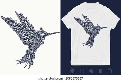 Humming bird t-shirt design. Symbol of freedom, dream, travel, imagination. Vector graphics template. Hand drawn illustration 