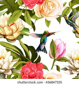 Humming bird, water lily, lotus, roses and tropic leaves on white. Seamless background pattern. Hand drawn elements. Vector - stock.