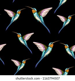 Humming birds. Seamless pattern of exotic tropical humming bird. Hand drawn illustration. Black background.