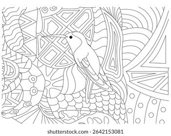 Hummingbird in Abstract Line Art, Detailed line art illustration of a hummingbird perched amongst abstract patterns, perfect for adult coloring books, relaxation, and creative projects. Black and
