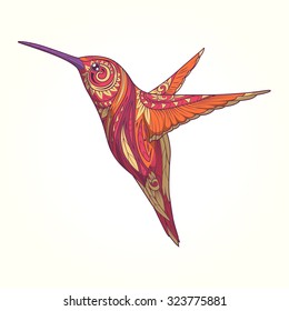 Hummingbird with abstract ornament hand drawn vector illustration, abstract ornament, colorful