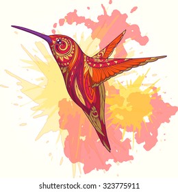 Hummingbird with abstract ornament hand drawn vector illustration, abstract ornament, colorful, watercolor background