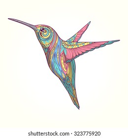 Hummingbird with abstract ornament hand drawn vector illustration, abstract ornament, colorful