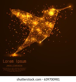 Hummingbird from an abstract polygon in gold. Low poly, lines and associated with form, vector illustration.