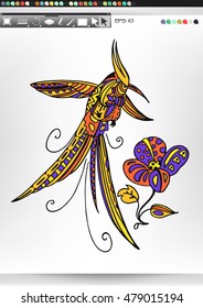 Hummingbird. Animal patterns with hand-drawn doodle waves and lines. Vector illustration in bright colors.