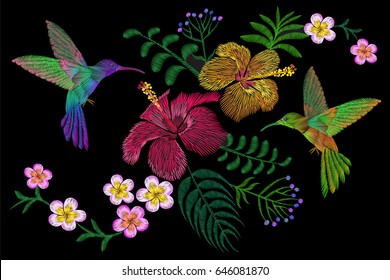 Hummingbird around flower plumeria Frangipani hibiscus exotic tropical summer blossom. Embroidery fashion patch decoration textile print black background template art