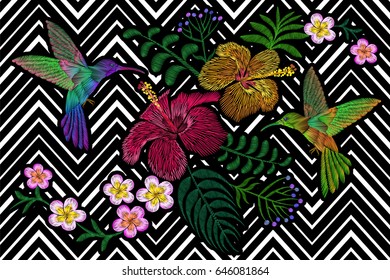 Hummingbird around flower plumeria hibiscus Frangipani exotic tropical summer blossom. Embroidery fashion patch decoration textile print black white stripe geometric background template art