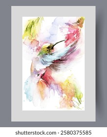 Hummingbird bird with colorful feathers drinks nectar from flower on wall art. Watercolor print. Artwork with hummingbird bird flying around spring wildflowers, in frame with decor for poster