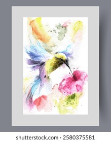 Hummingbird bird drinks nectar from pink flower using its long beak on wall art. Watercolor print. Artwork with small bird with colorful feathers enjoys taste of flower, in frame with decor for poster