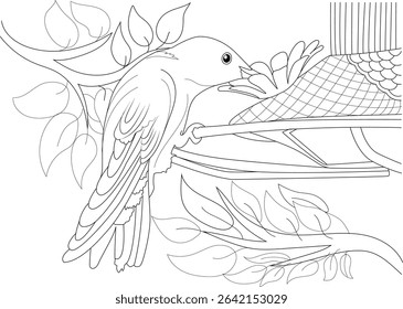 Hummingbird at Bird Feeder Line Art Illustration, Detailed black and white line art illustration of a hummingbird perched on a branch next to a bird feeder, with surrounding leaves. Ideal for