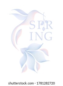 Hummingbird bird and flower on a white background. Hand drawn engraving. Lettering of the word spring and birds. Vector illustration.