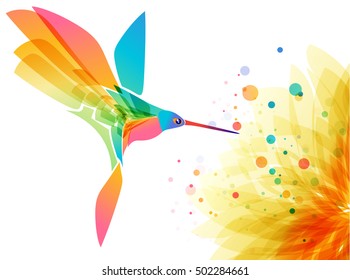 Hummingbird bird and flower on white
