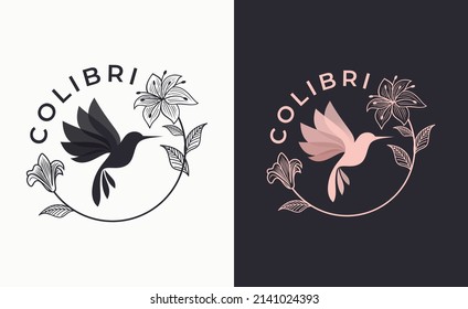 Tropisches Logo-Design für Hummingvögel-Blume, Vektorgrafik-Vorlage