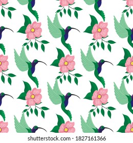 Hummingbird bird and flowers, seamless pattern, vector illustration