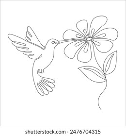 Hummingbird bird flutters over a flower, one continuous line. Minimalistic hand-drawn design. Vector editable contour