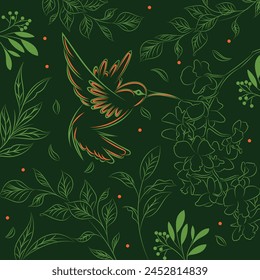 hummingbird bird flying over plants, illustration in green lines