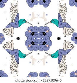 Hummingbird birds floral seamless pattern design. Symmetrical pattern on white background with colibri birds and flowers in purple. Vector background for textiles, cards, designs