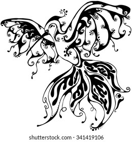 Hummingbird. Black white hand drawn bird animal floral doodle. 
