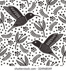 Hummingbird black and white seamless pattern. Vector illustration.