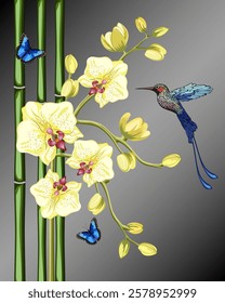 Hummingbird and blooming orchids.Vector illustration with hummingbirds, butterflies, bamboo and yellow orchids.