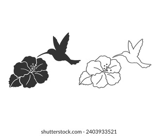 Hummingbird butterflies with Hibiscus flat line icon set. Vector illustration