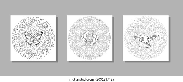 Hummingbird, butterfly and fishes mandala composition set for textile and t shirt prints, tattoo, coloring books