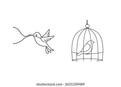 Hummingbird carrying thread and bird in cage simple line drawing vector illustration.